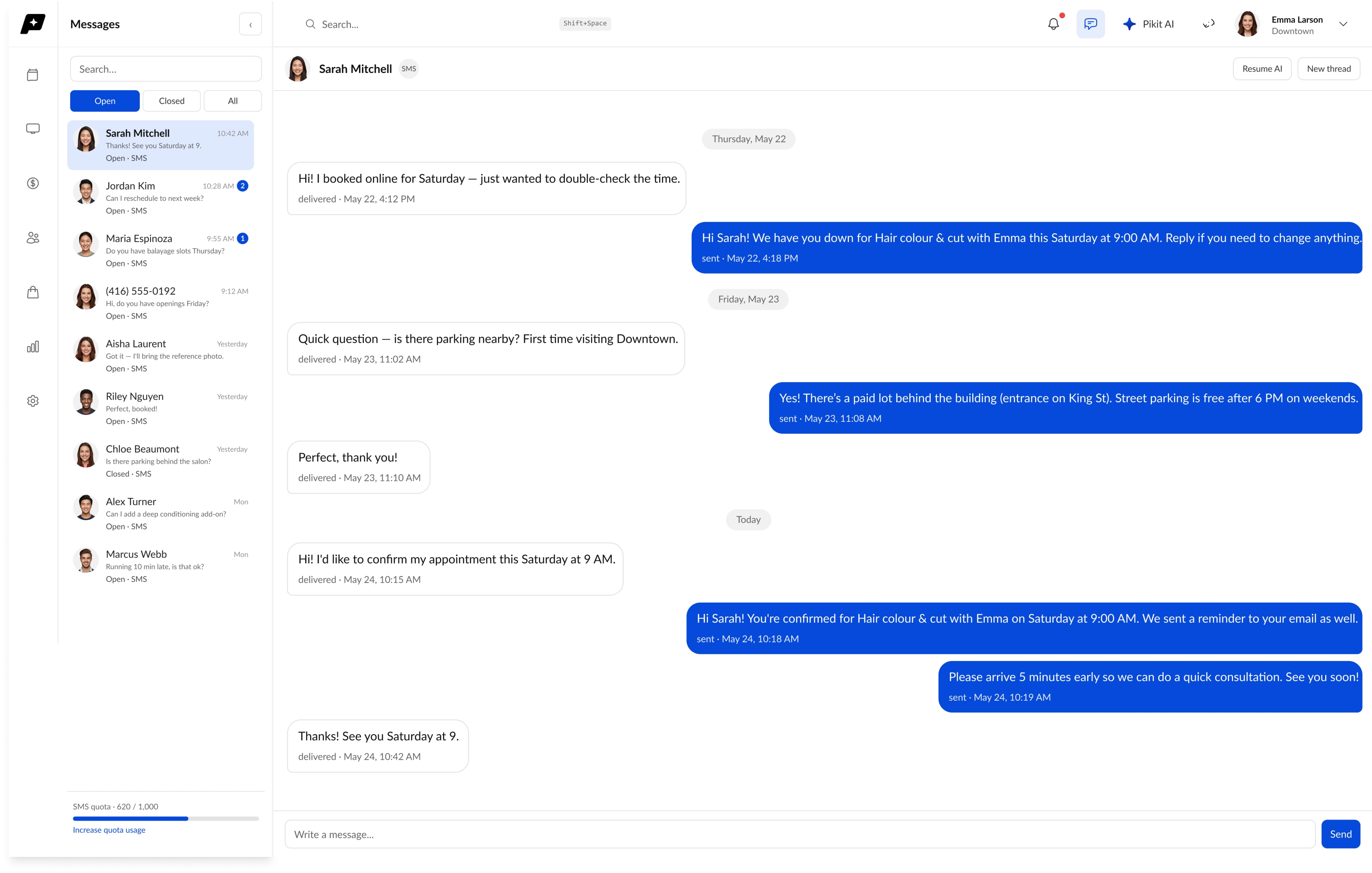 Pikit client messaging and conversations